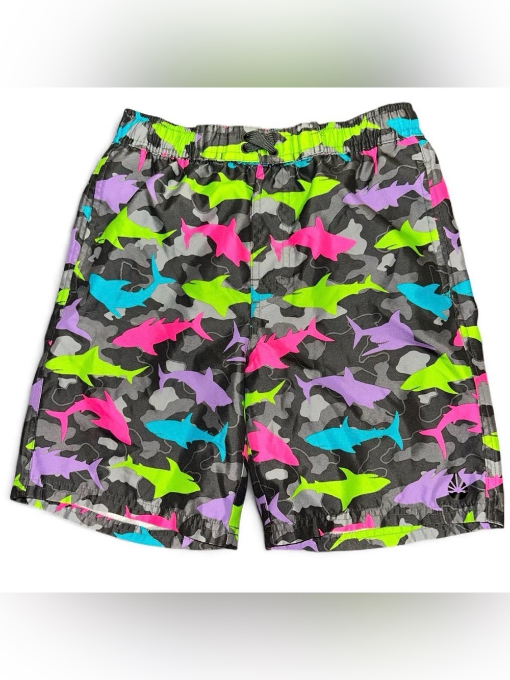 Kids Neon Shark Print Swim Trunks - Black Multi Boys Medium